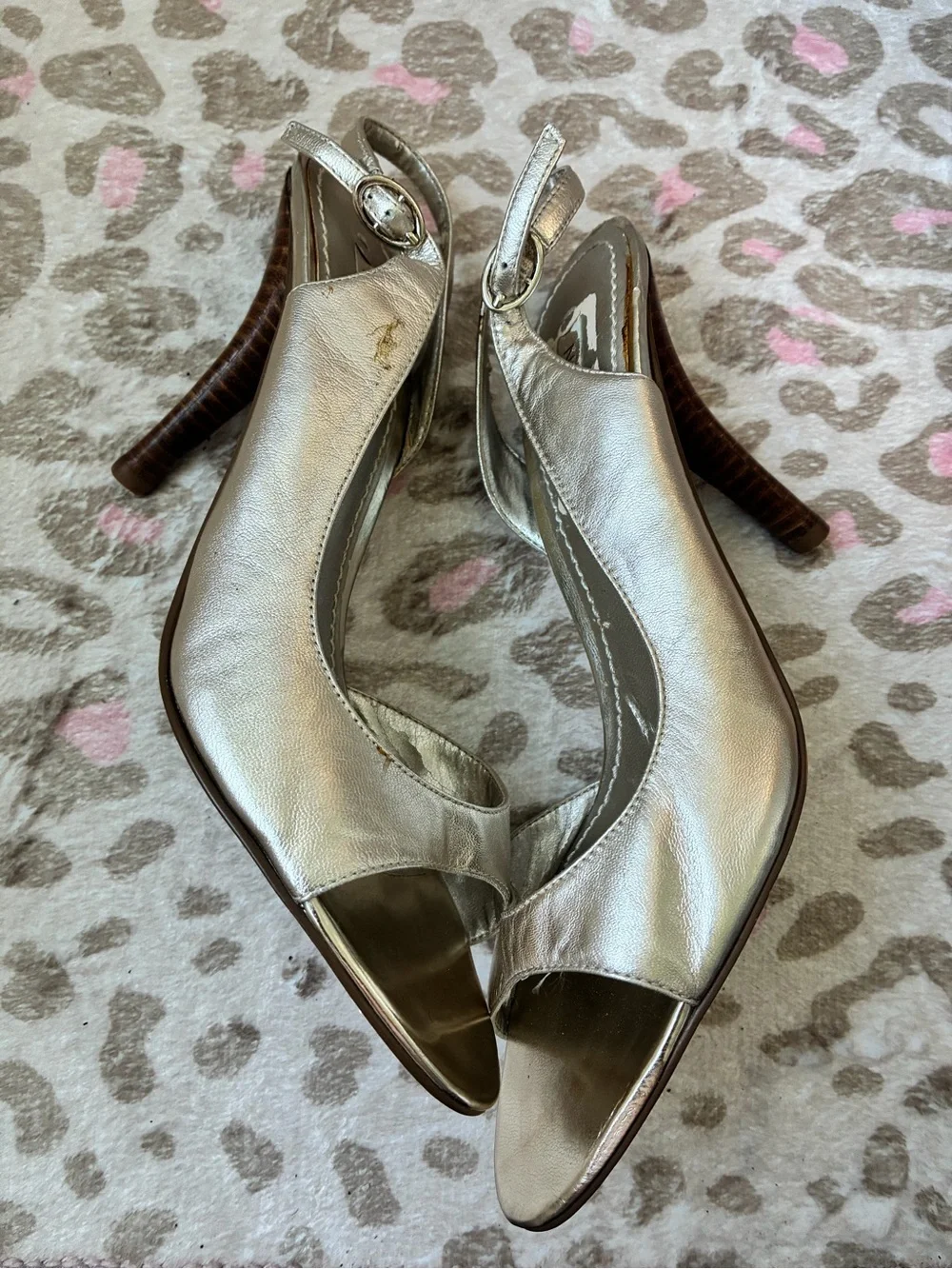Nine West Metallic Silver Open-Toe Slingback Heels